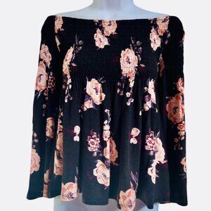 Women's Off The Shoulder Black Floral Boho Top
